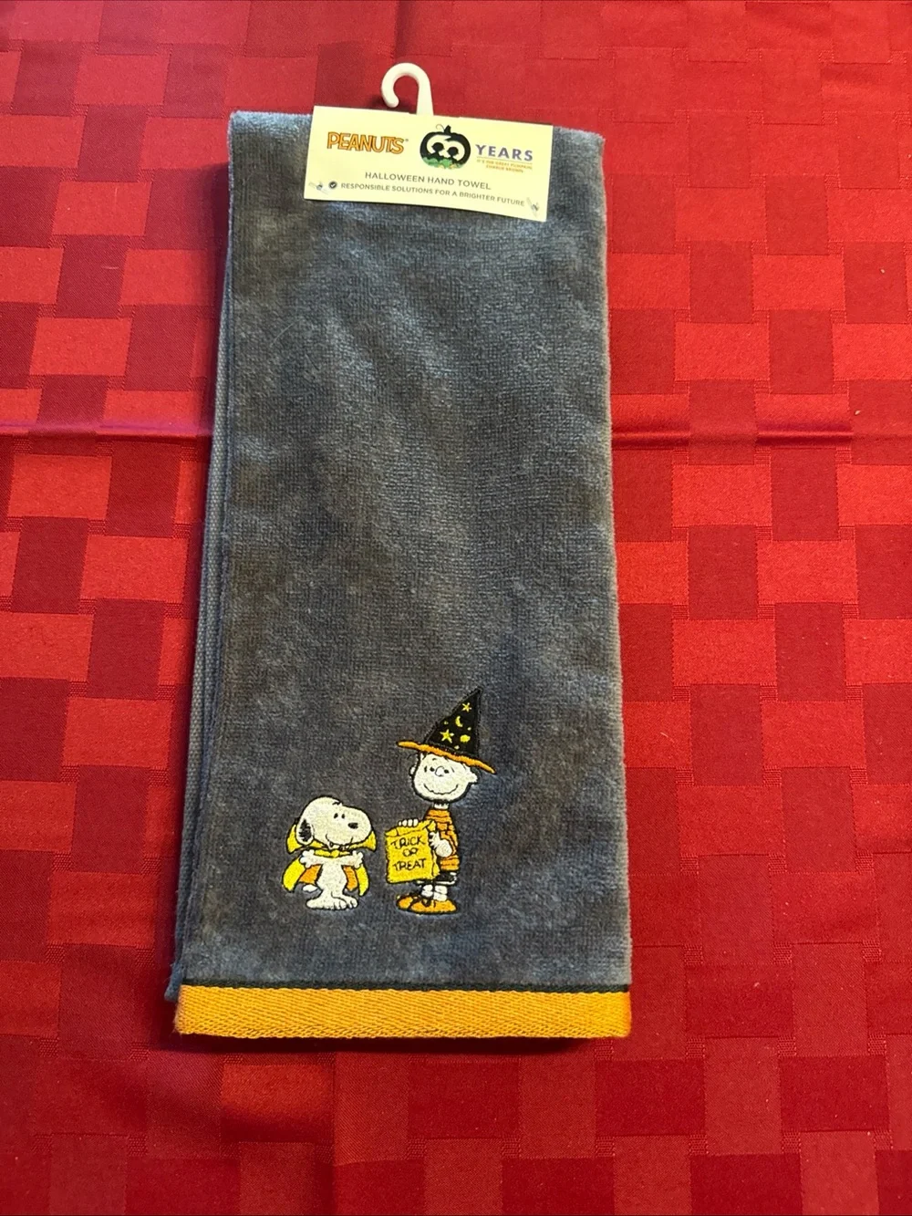 Peanuts Gray Hand Towel with Yellow Trim and Halloween Embroidery